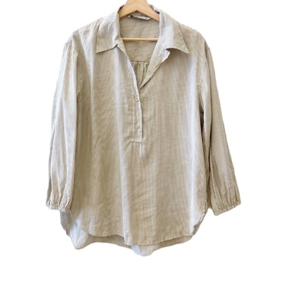 Zara Oversized Tan Pinstripe Popover Blouse - Picture 1 of 3